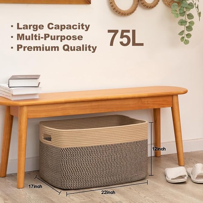 SIXDOVE 75L Large Blanket Basket, Toy Basket Bin for Kids, Cotton Rope Woven Storage Basket for Living Room, Bedroom, Nursery, Baby Room Decorative Organizer, 22''×17''×12'', Brown & Black