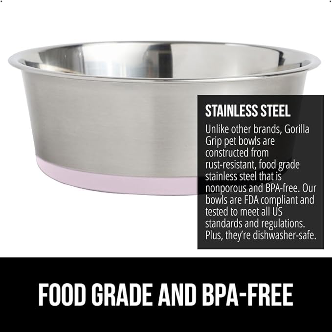 GORILLA GRIP Dog Bowls, Holds 4 Cups Each (32 fl oz), Heavy Duty Stainless Steel Food and Water Bowl for Feeding Dogs and Cats, Dishwasher Safe, Rust Resistant, BPA Free Rubber Base, Set of 2 Pink