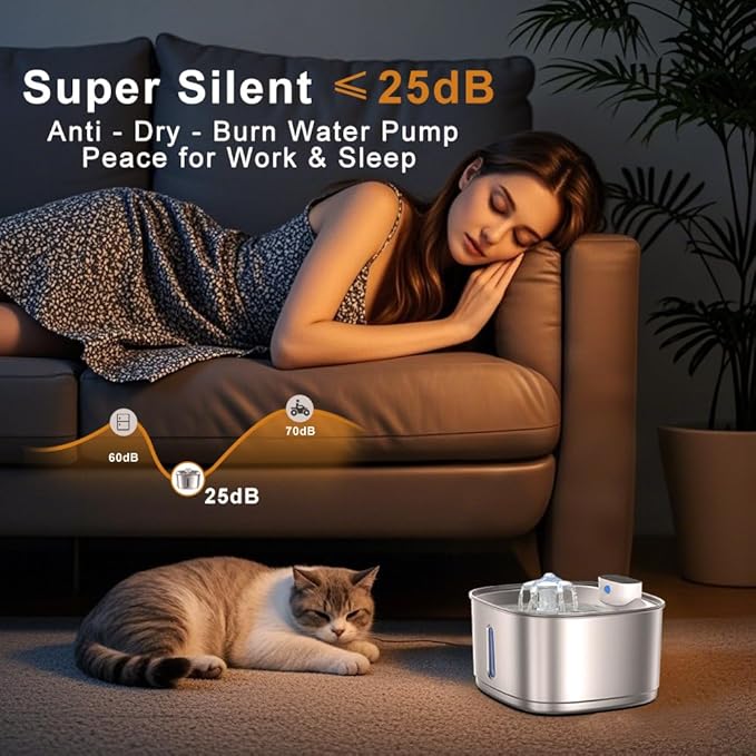 Wireless Cat Water Fountain Stainless Steel, 108oz/3.2L Cat Fountain Battery Operated, Cordless Pet Water Fountain for Cats & Dogs with Motion Sensor, Ultra Quiet Pump, Multi-Filtration
