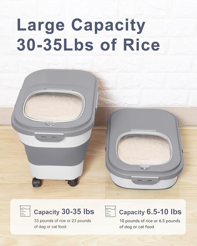 DDMOMMY 20-30 Lbs Rice Storage Container,Collapsible Food Storage Containers with Rolling Wheel Airtight Locking Lid,Flour Storage Container with Cup and Scoop,Suitable for Food,Rice,Pet Food,Flour