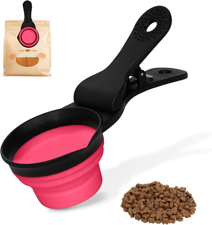 PNEUICALLY Collapsible Dog Food Scoop Foldable Pet Food Bag Clip 3 in 1 Multi-function Silicone Cat Food Measuring Cup Scoop Dog Food Scooper Pet Food Storage Clip (Rose Red, 1/2 Cup Capacity(1 Pack))