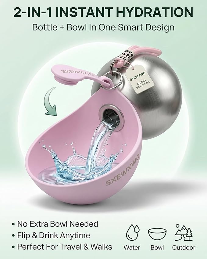 The 2-in-1 Dog Water Bottle & Bowl 2026 New Portable Trave Pet Dispenser Perros Silicone Water Ball Spill Proof Container Design on Walks Walking Hiking Insulated Round Botella Animal (Pink)