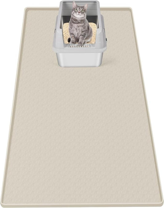Bartuke Cat Litter Mat, Extra Large 51" x 25.6" Silicone Mat Litter Trapping Mat for Scatter Control, Soft on Kitty Paws, Easy to Clean (Beige)
