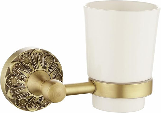 Antique Brass Toothbrush Holder, Wall Mounted Bathroom Tumbler Cup Set, Vintage Gold Decorative Bathroom Accessories, Ceramic and Brass, Petal-Relief Series