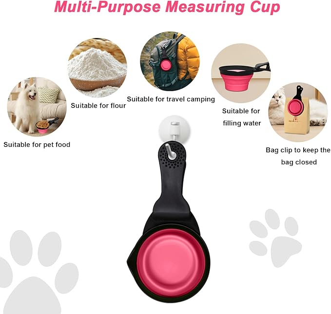 PNEUICALLY Collapsible Dog Food Scoop Foldable Pet Food Bag Clip 3 in 1 Multi-function Silicone Cat Food Measuring Cup Scoop Dog Food Scooper Pet Food Storage Clip (Rose Red, 1 Cup Capacity(1 Pack))