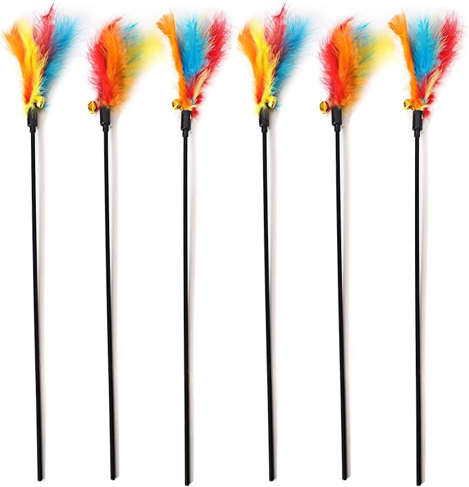 IUHKBH Cat Wands, 6 PCS Colorful Feather Stick Flexible Kitten Wand Interactive Cat Toys, Safe for Your Kitty