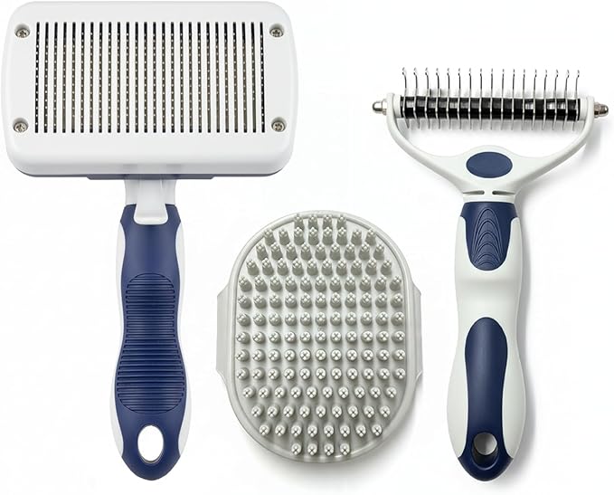 BPG Pet Grooming Tools for Dogs & Cats- 3 Piece Dog Grooming Kit, Slicker Brush, Bath Brush And Undercoat Rake- Non-Slip Easy To Use Deshedding Tools For All Coat Types- Brooklyn Pet Gear