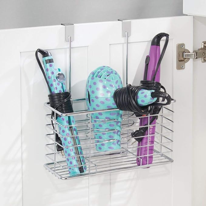 mDesign Steel Over Cabinet Hair Dryer Holder Storage, Chrome, 5.2in x 10.2in x 12.3in