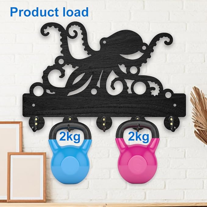 MAYJOYDIY Octopus Coat Hooks Wall Mount Octopus Tentacles Wood Key Holder for Wall 11.8×7.9inch Black Ocean Sealife Wall Art Decor Key Hooks 5 Alloy Hooks for Gift Entryway Living Room Kitchen Office