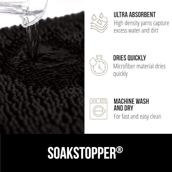 GORILLA GRIP SOAKSTOPPER Dog Door Mat, 70x24 Machine Washable Rug Absorbent Doormat Captures Moisture Mud Dirt, Quick Dry Soft Chenille Entryway Rugs Indoor Entrance Mats for Dog Paws, Black