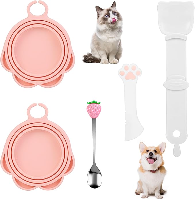 Yummy Sam 5 Pcs Pet Food Can Lids & Spoons Set, Including Wet Food Storage Can Covers for Multiple Sizes Pet Food Cans, Cat Can Opener, Cat Strip Feeder Spoon and Cat Spoons for Wet Food (Pink)