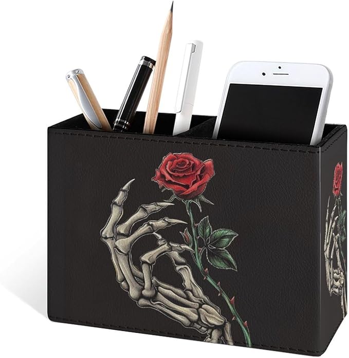 Famame Skeleton Hand Rose Thorn Pencil Holder for Desk, Leather Desktop Container Pen Cup Storage Study Table Pen Organizer Makeup Brush Holder for Classroom Office Home