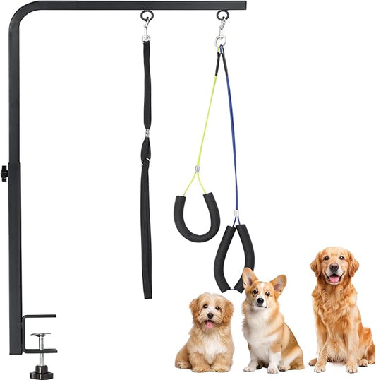 Dog Grooming Arm with Heavy-Duty Clamp, 28" to 44" Height, Adjustable Dog Grooming Table Arm with Hammock and No-Sit Holder, Grooming Restraint for Small Medium Large Dogs at Home or Salon