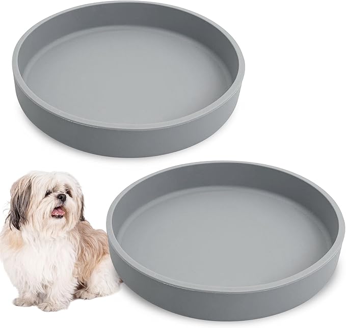 Silicone Dog Bowl Shallow Cat Food Bowls 7in Flat Puppy Plates Cute Whisker Fatigue Pet Feeding Dishes Set of 2 for Dry and Wet Food Indoor (Round Grey)