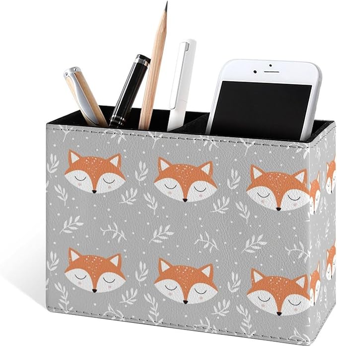 Famame Foxes Head Leaves Cartoon Pencil Holder for Desk, Leather Desktop Container Pen Cup Storage Study Table Pen Organizer Makeup Brush Holder for Classroom Office Home