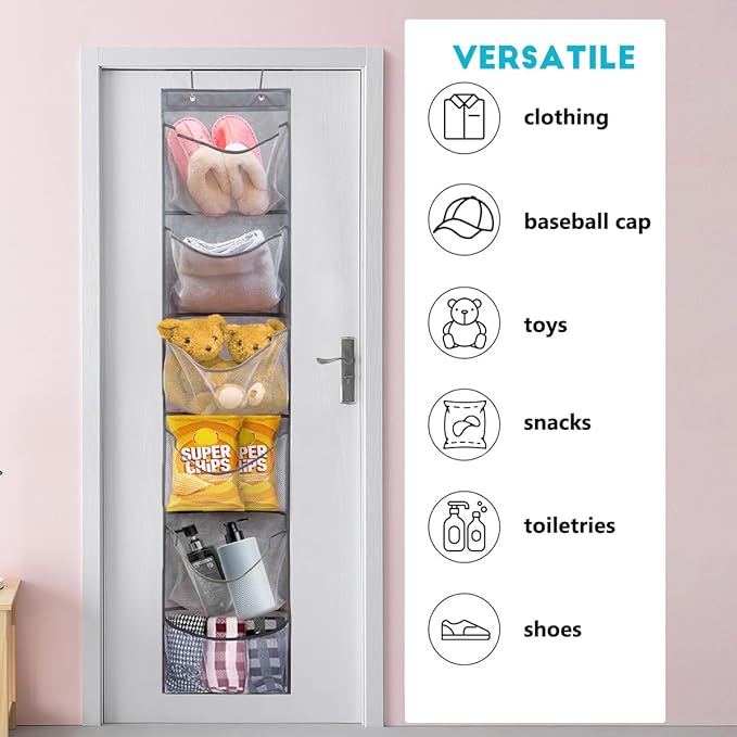 2 Pack Over the Door Shoe Organizer Hanging Stuffed Animals Storage Diaper Holder Clothes Shelve for Closet with 6 Large Pockets (Mesh Pockets - 2 Pack)