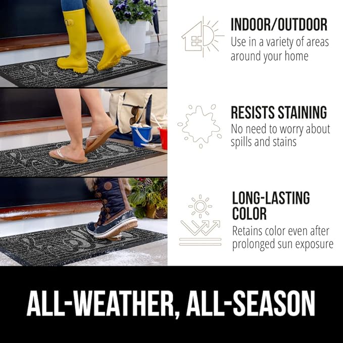 GORILLA GRIP 100% Waterproof All-Season WeatherMax Doormat 35x23, US Designed Natural Rubber, Stain and Fade Resistant, Low Profile Indoor Outdoor Door Mats, Easy Clean Patio Mat, Charcoal Hello