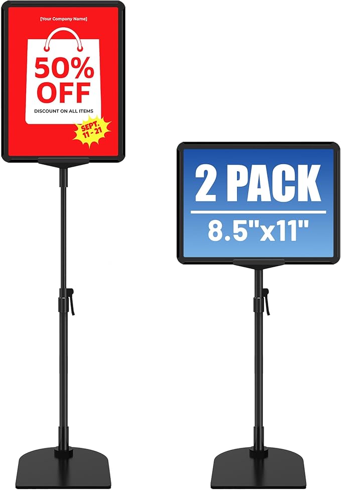 Sign Holder Stand 8.5 x 11, Adjustable Poster Stand for Table Top & Floor, Signage Display Stands, Floor Standing Sign Holder for Advertisement, Tradeshow, Store, Business, 2 Pack