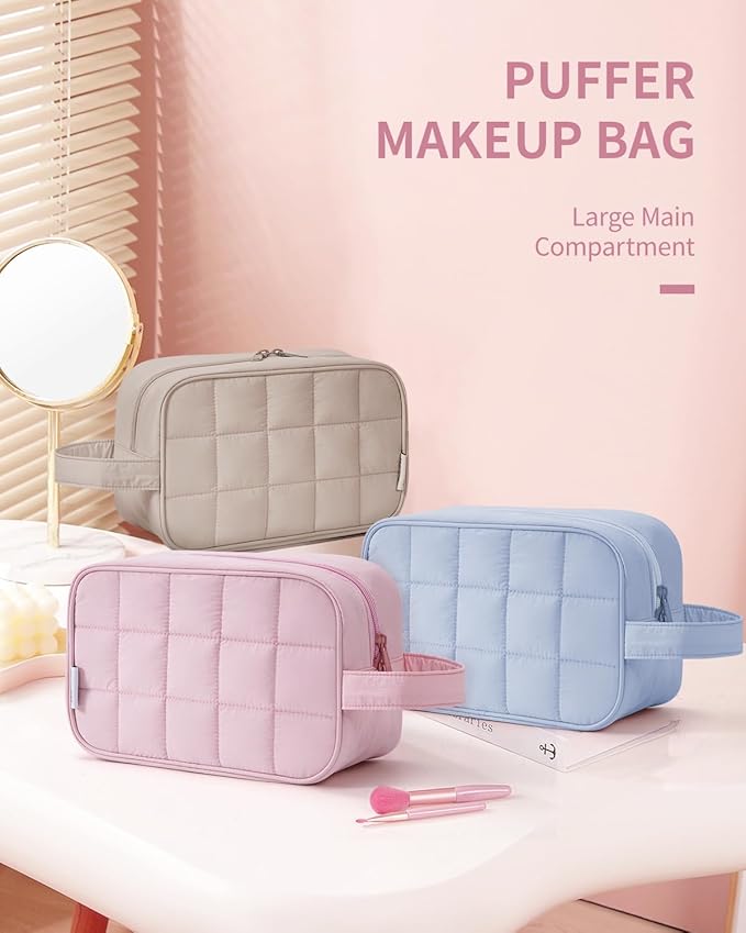 Narwey Puffy Travel Toiletry Bag for Traveling Women Girl, Travel Bag for Toiletries, Cute Travel Makeup Bag Organizer, Quilted Cosmetic Bag Make Up Skincare Medicine Bags