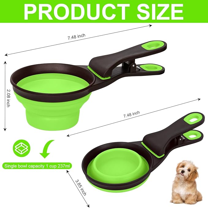 PNEUICALLY Collapsible Silicone Dog Food Scoop Foldable Pet Food Measuring Cup with Bag Clip 3 in 1 Multi-Function Silicone Dog Food Scooper (Green, Medium)