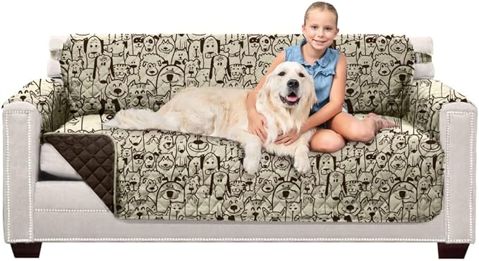 Sofa Shield Couch Slip Cover with Patented Strap, Cushion Protector, US Designed Reversible Stain and Dog Tear Resistant Slipcover, 70 inch Seat, Washable Covers for Dogs Pets, Chocolate
