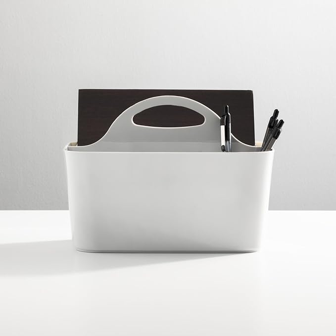 mDesign Plastic Small Office Storage Organizer Utility Tote Caddy with Handle for Cabinets, Desks, Workspaces - Holds Desktop Office Supplies, Pencils, Staplers Lumiere Collection, 2 Pack, Light Gray
