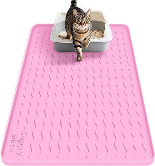 Large Silicone Cat Mat for Litter Box, 34"x22" Waterproof & Urine-Proof Pad with Litter-Trapping Waves, Non-Slip, Easy Clean & Paw-Safe (Pink)