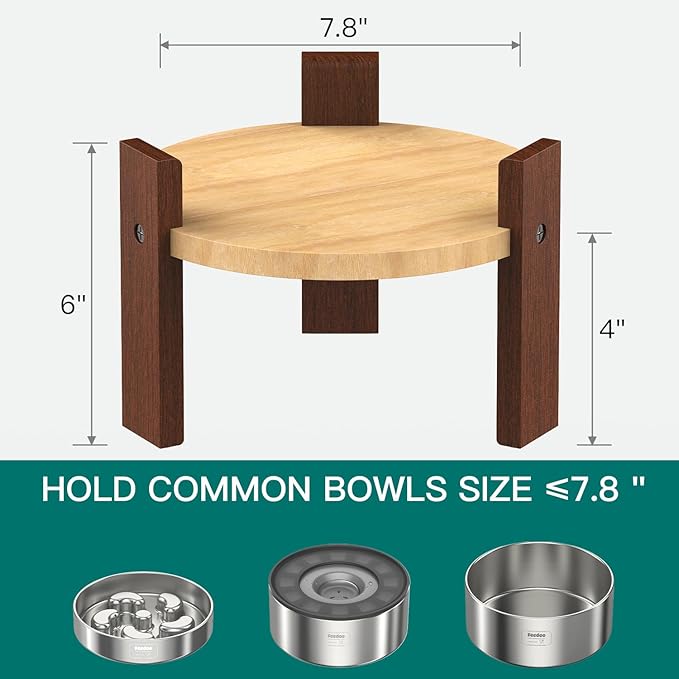 Feedoo Elevated Dog Bowl Stand, 6 Inch Height Raised Stand for Medium&Small Dogs, Includes 2Cups Stainless Steel Slow Feeder Dog Bowl, Durable Solid Hardwood