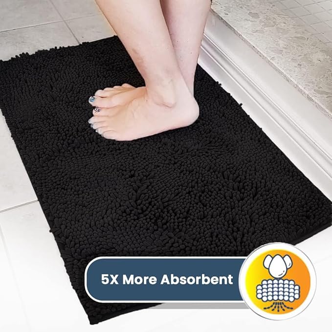Muddy Mat® AS-SEEN-ON-TV Highly Absorbent Microfiber Door Mat and Pet Rug, Non Slip Thick Washable Area and Bath Mat Soft Chenille for Kitchen Bathroom Bedroom Indoor and Outdoor - Black 5ft x 7ft