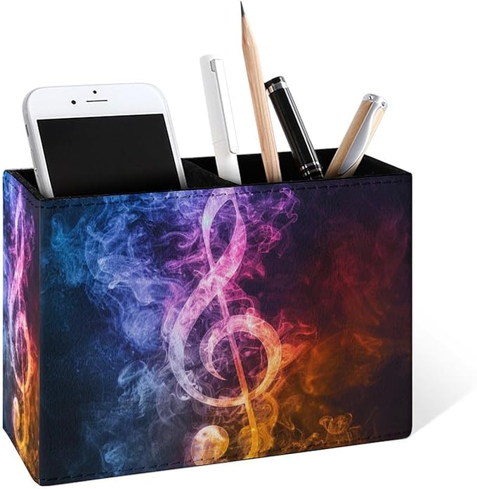 Famame Abstract Music Clef Pencil Holder for Desk, Leather Desktop Container Pen Cup Storage Study Table Pen Organizer Makeup Brush Holder for Classroom Office Home