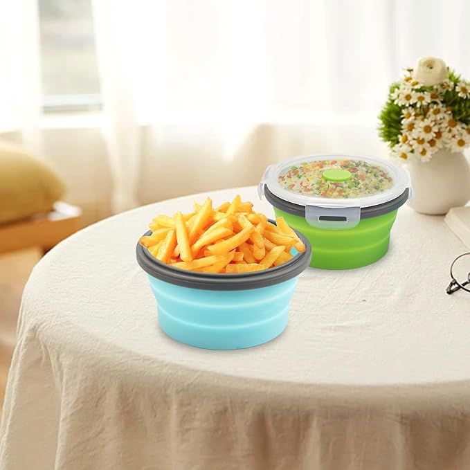 2-Pack Collapsible Bowls with Lids, Reusable Silicone Food Storage Containers for Meal Prep, Camping Must Haves Accessories Green Blue, Microwave Freezer Safe Dishwasher Safe Leak Proof
