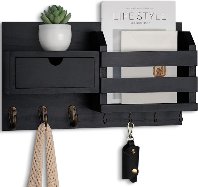 Wall Mount Key Holder with Mail Organizer, 100% Paulownia Wood, 7 Metal Hooks, Storage Drawer, Entryway Home Decor (Black)