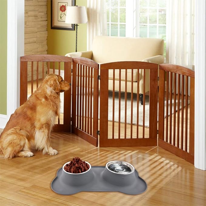 Dog Bowls with Mat, Cat Water Food Bowl Set (13.5oz Each) in No Spill Silicone Mat, Dual Pet Feeder Bowl for Puppy, Cats, Small Medium Dogs (Bone Shape, Grey)