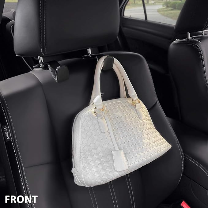 Headrest Hooks for Car, Back Seat Organizer Black Leather Hanger Holder Hook, for Hanging Purses and Bags and Coats, Pack of 4