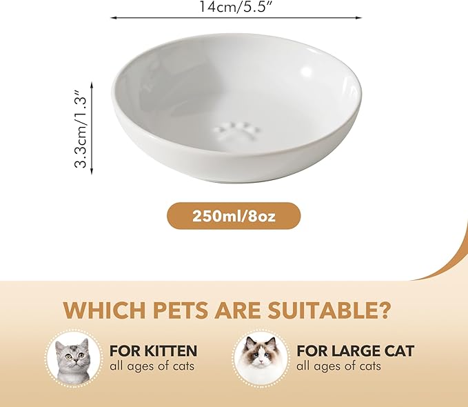 Ceramic Wide Whisker Friendly Cat Dishes, Set of 3 Ceramic Cat Bowls with Paw Print, Anti-Slip Indoor Kitten Feeding Food& Water Dish to Prevent Whisker Fatigue(3 Pcs, White)