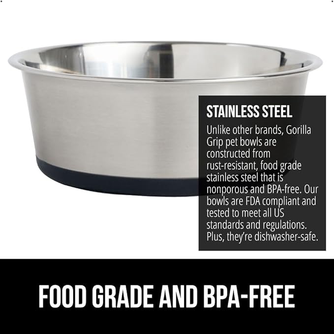 GORILLA GRIP Dog Bowls, Holds 2 Cups Each (16 fl oz), Heavy Duty Stainless Steel Food and Water Bowl for Feeding Dogs and Cats, Dishwasher Safe, Rust Resistant, BPA Free Rubber Base, Set of 2 Black