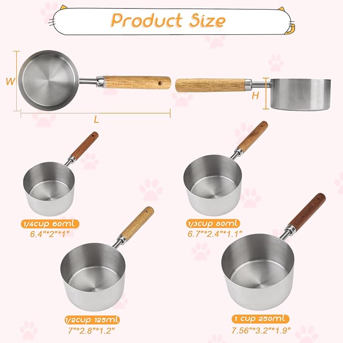 Dexspoeny 4 Packs Dog Food Scoop Measuring Cup with Wooden Handle, Stainless Steel Pet Food Scoop Dog Food Measuring Cup for Dogs Cats Birds and Rabbits, 1 Cup, 1/2 Cup, 1/3 Cup and 1/4 Cup 4 Packs