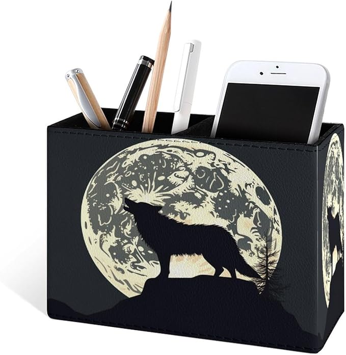 Famame Howl Black Wolf Moon Pencil Holder for Desk, Leather Desktop Container Pen Cup Storage Study Table Pen Organizer Makeup Brush Holder for Classroom Office Home