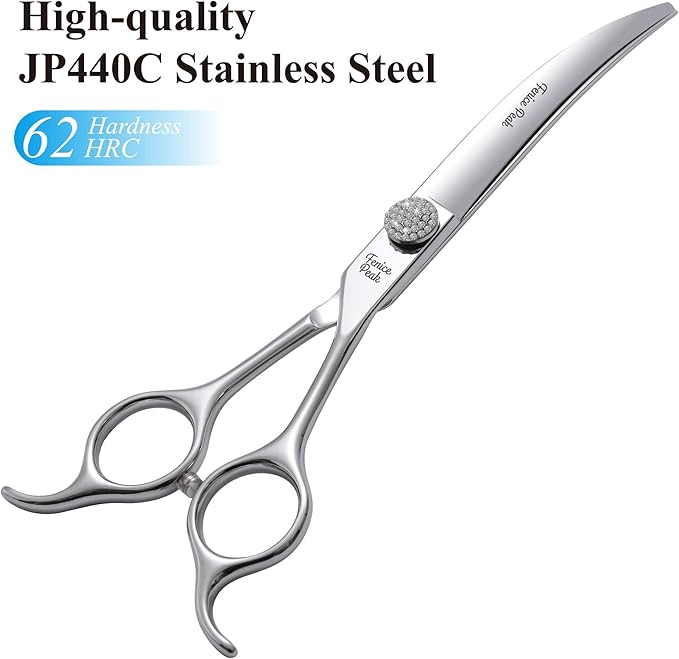 Fenice Peak 7.5‘’ Super Curved Dog Grooming Scissors with Jewelled Screw 440C Stainless Steel Pet Grooming Bending Scissors with Symmetrical Handle for Groomer and Home User