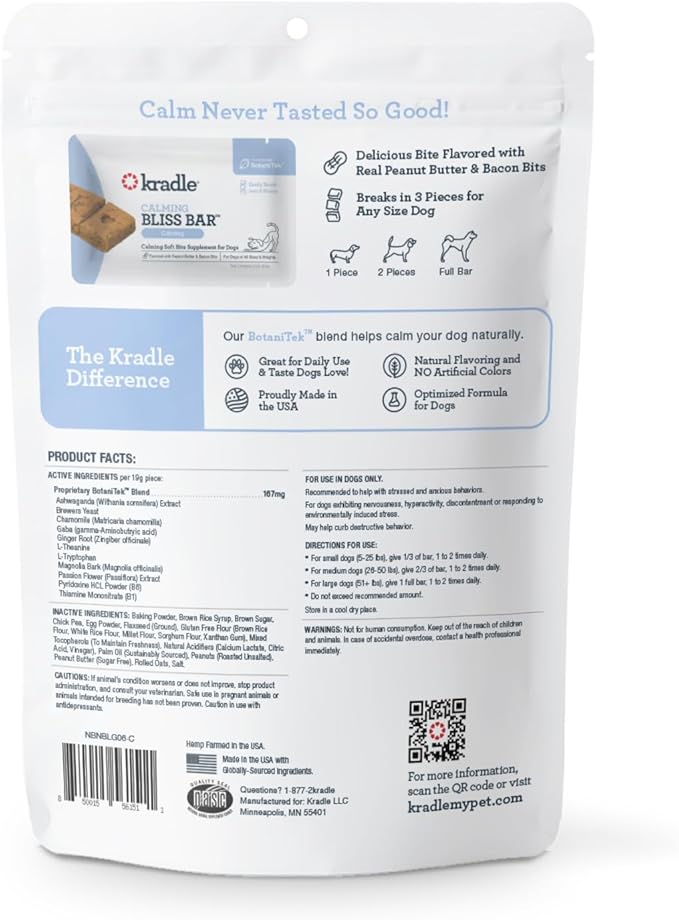 Kradle Bliss Bars for Dogs - Peanut Butter Flavored Calming - GABA L-Theanine - On The Go Packaging - Supports a Calm Demeanor - 6 Bars