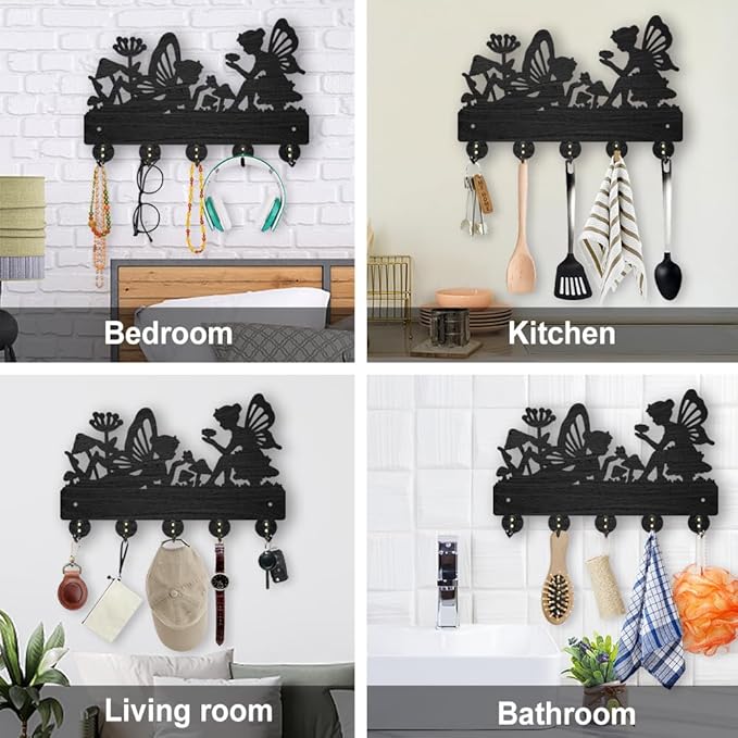 MAYJOYDIY Fairy Coat Hooks Wall Mount Elf Mushroom Wood Key Holder for Wall 11.8×7.9inch Black Wall Art Decor Key Hooks 5 Alloy Hooks for Gift Entryway Living Room Kitchen Office