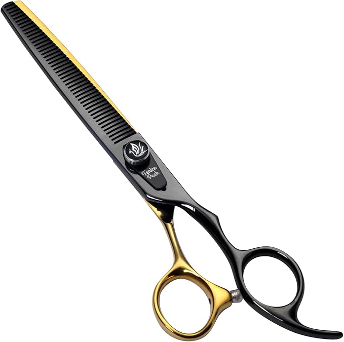 Fenice Peak 7'' Black Dog Grooming Scissors Goldern Thinning Dog Blending Scissors with Ergonomic Offest Handle and Pattern Screw Pet Grooming Thinner Blender Shears Durable and Sharp 440C