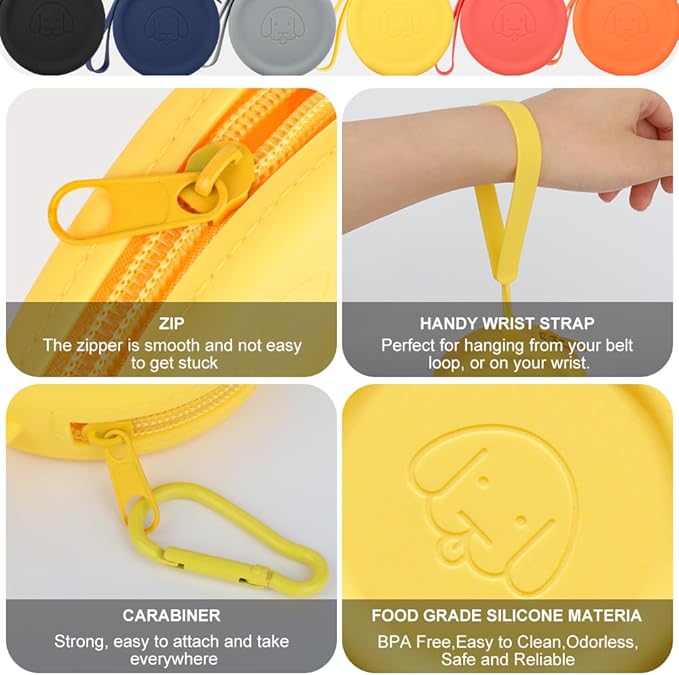 WALLFID Silicone Dog Treat Pouch Small Bag,with Pet Training Clicker,Walking Bag for Dog and Cat, Pocket Size, Easy to Clean, Odorless, Zipper Design,Moisture-Proof,Travel Walking Bag.(Yellow)