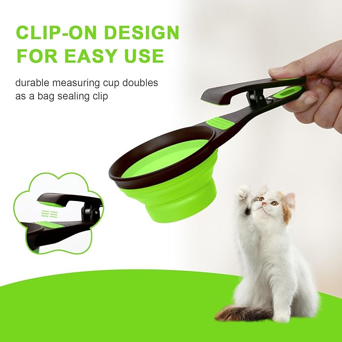 PNEUICALLY Collapsible Silicone Dog Food Scoop Foldable Pet Food Measuring Cup with Bag Clip 3 in 1 Multi-Function Silicone Dog Food Scooper (Green, Small)