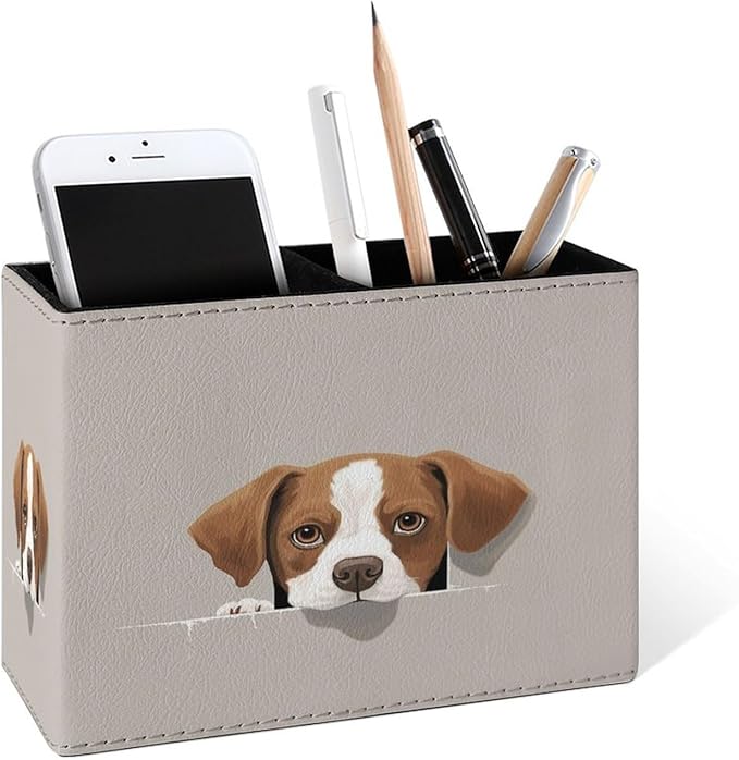 Famame Brown And White Dog Pencil Holder for Desk, Leather Desktop Container Pen Cup Storage Study Table Pen Organizer Makeup Brush Holder for Classroom Office Home