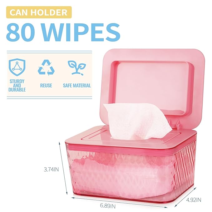 Whiidoom Wipes Dispenser, One-Handed Operation Wipe Holder for Baby & Adult, Seal-Designed Wipes Container for Bathroom Keep Diaper Wipes Fresh (2 Pack Pink)