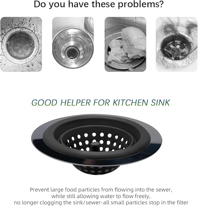 Mi hogar Silicone Sink Drain Strainer 2 Pack, 4.5" Wide Rim Stainless Steel Mesh Basket, Flexible Food & Hair Catcher Stopper for Kitchen Bathroom Tub Shower Drains, Easy to Clean
