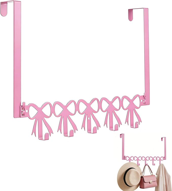 Over The Door Hooks, Bow Room Decor, Pink Bowknot Over The Door Hooks with 5 Hooks, for Bags, Towels, Hats, Keychains, Coats, Home Organizer