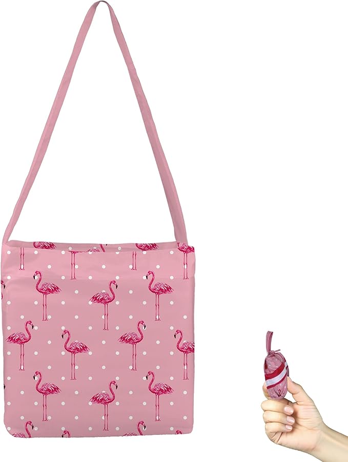 BeeGreen Pink Flamingo Ultimate Crossbody Tote Bag - Reusable Grocery Shopping Bag - Foldable Compact Portable Machine Washable