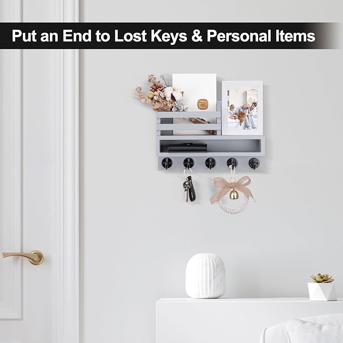 Lucundm Key and Mail Holder Wall Mount, Key Hanger with Long Storage Box and Key Hooks for Coat, Dog Leash, Home Decor Rack, House Accessories, Entry Way Organizer